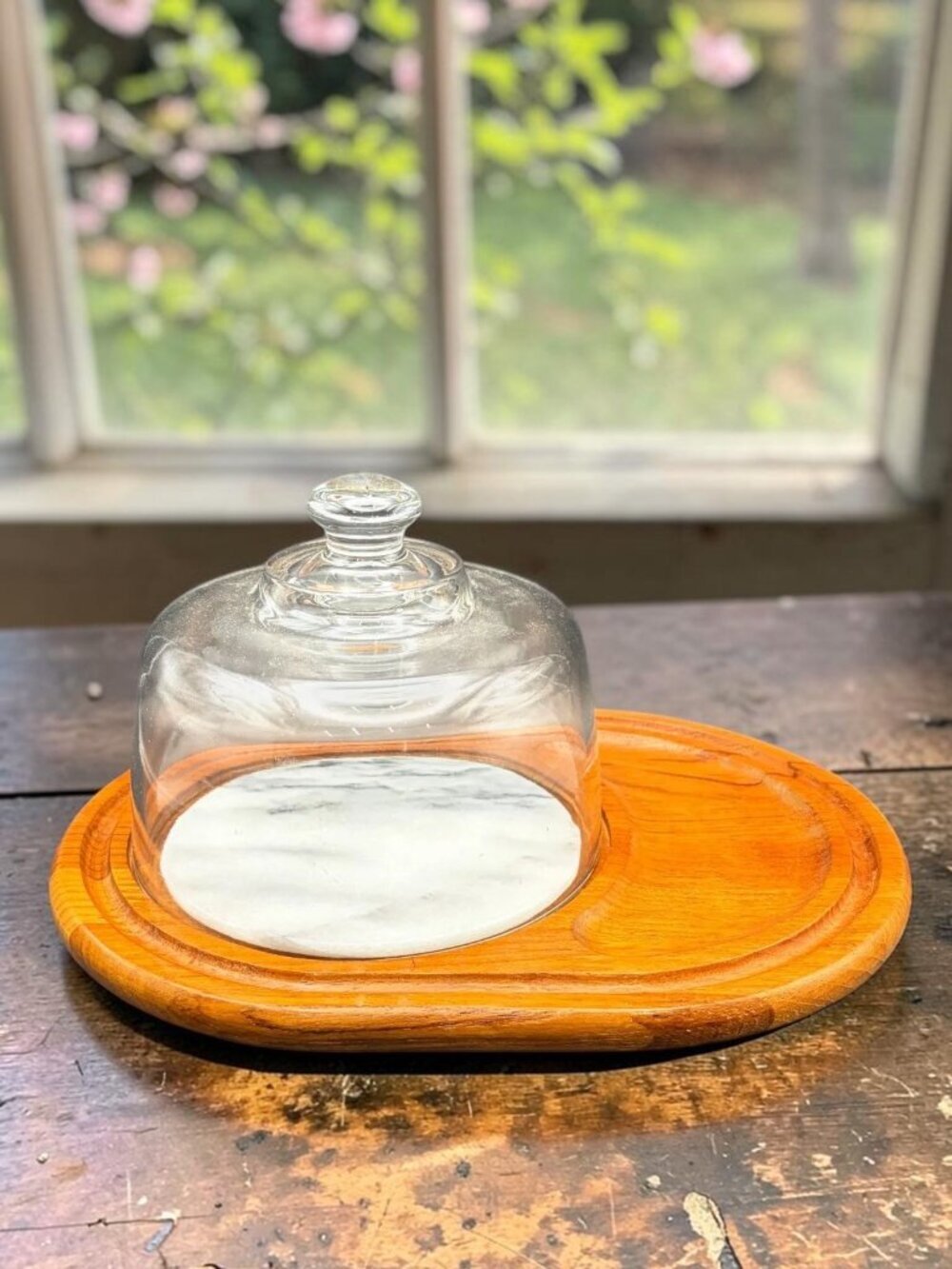 Vintage Teak Wood Cheese Board Glass Dome Marble Insert Serving Tray MCM